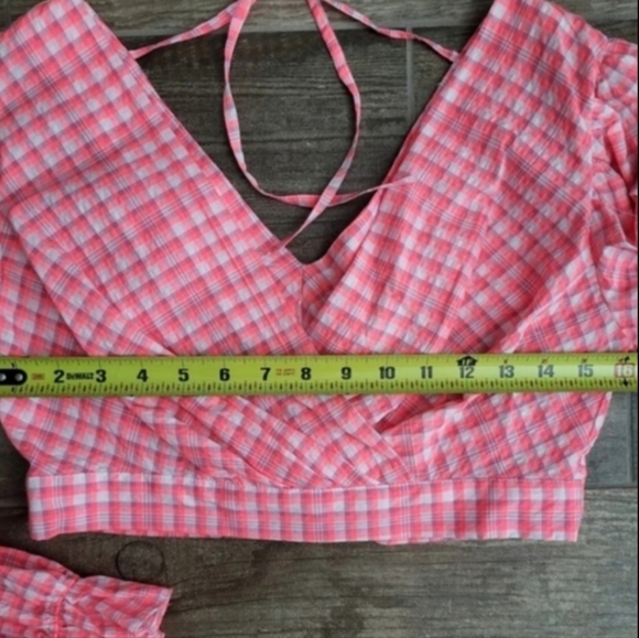 TOPSHOP Pink & White Gingham Print Long Puff Sleeve Crop Top, Size 6 - Picture 3 of 8